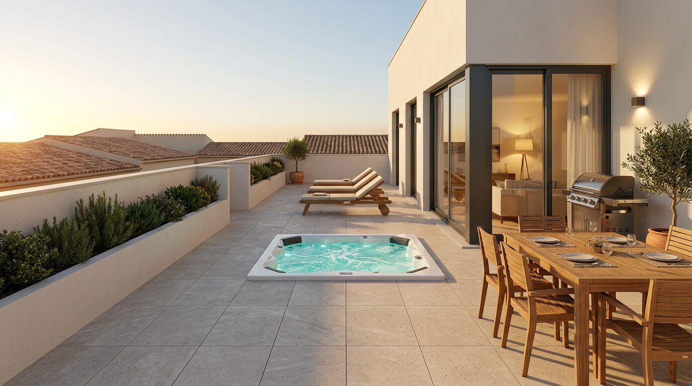 Le toit-terrasse privatif, avec jacuzzi, coin repas extérieur et solarium