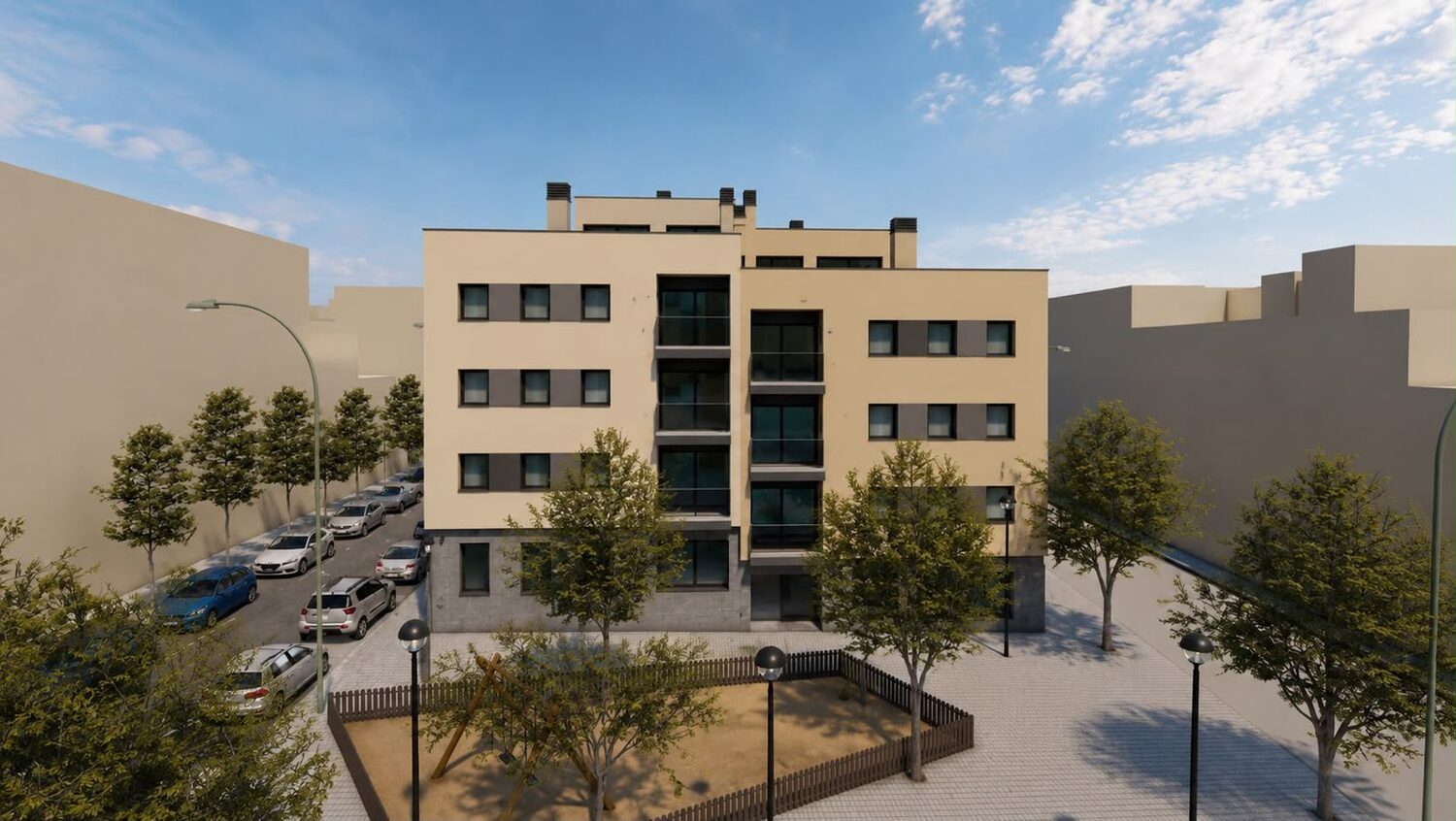La façade sud, depuis la place avec l'aire de jeux