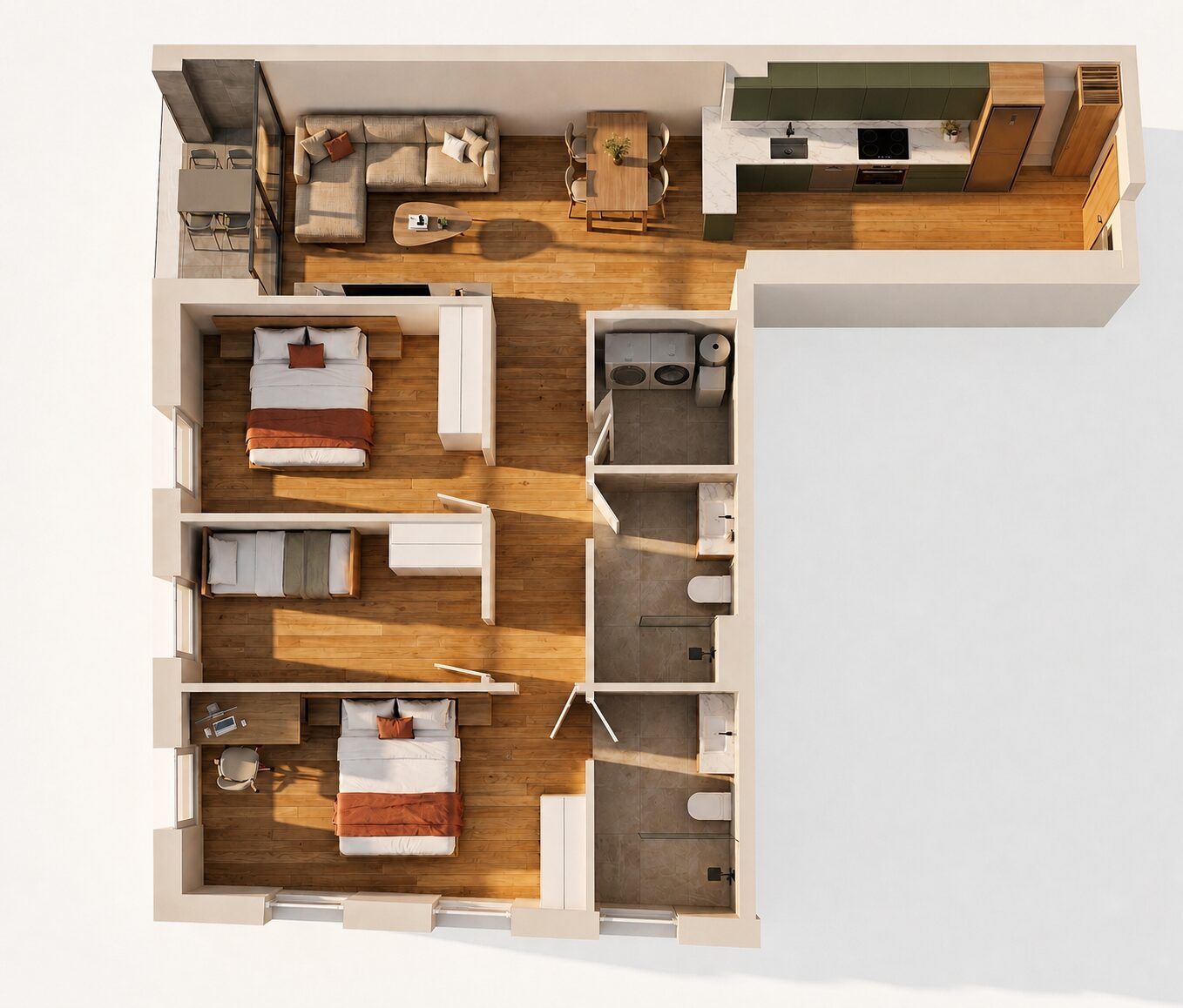 3 chambres en angle