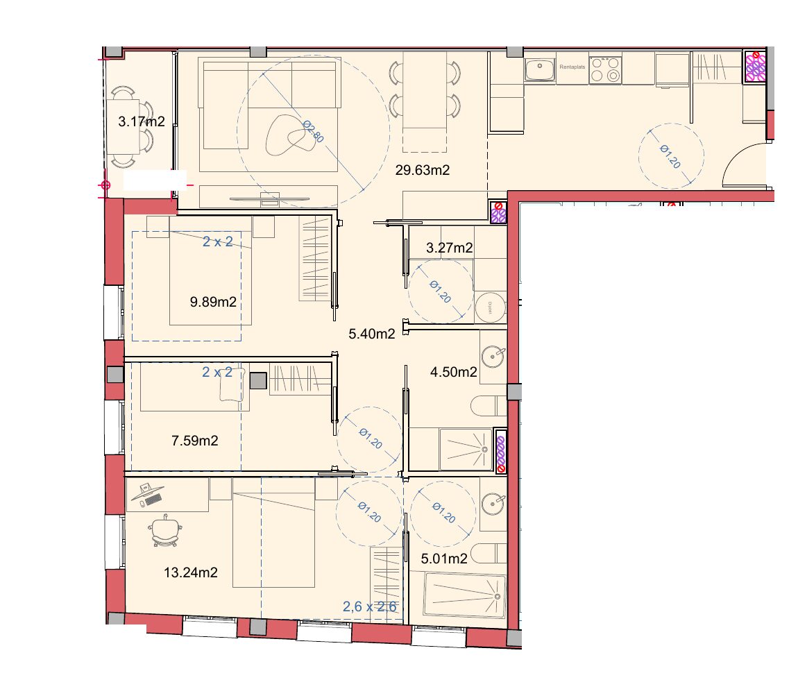 3 chambres en angle